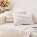 Aegero Pack of 2 Faux Fur Christmas Throw Pillow Covers 12x20 Inch, Soft Plush Striped Neutral Couch Pillow Cover, with Velvet Back Modern Home Decor for Sofa Living Room Couch Bed Cream White