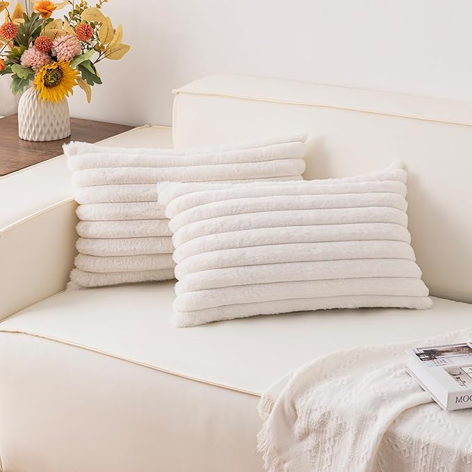 Aegero Pack of 2 Faux Fur Christmas Throw Pillow Covers 12x20 Inch, Soft Plush Striped Neutral Couch Pillow Cover, with Velvet Back Modern Home Decor for Sofa Living Room Couch Bed Cream White