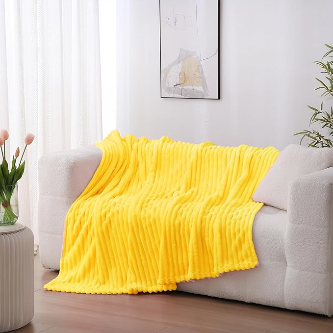 Bright Yellow Fleece Throw Blanket 60”×80” for Couch Sofa Bed,Super Soft Cozy Plush Microfiber Flannel Blanket with Stripes Design Lightweight for Adults,Woman,Girls