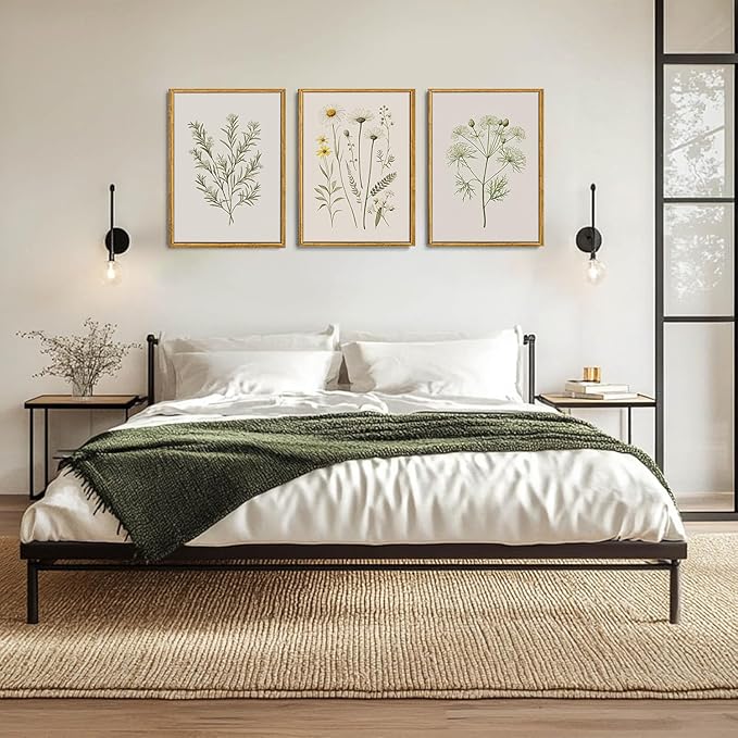Wodkwq 3 Piece Vintage Wildflower Canvas Wall Art Framed,Neutral Botanical Wall Decor,Watercolor Plant Pictures,Yellow Floral Art Minimalist Prints,Farmhouse Artwork for Living Room,Bedroom,Office 16x24in