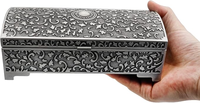 Vintage Metal Jewelry Box Small Trinket Storage Organizer Box Chest Ring Case for Girls Women, Tin Color, Medium