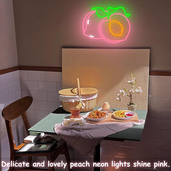 Peach Neon Sign for Wall Decor, Dimmable Pink Peaches Fruit Neon Lights, Vibrant Fruit Themed Neon LED Signs for Kids Room, Bedroom, Restaurant, Bar, Club, Fruit Shop, Birthday Party