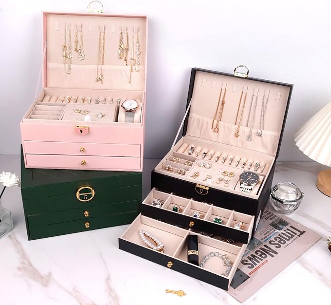 Jewelry Organizer Box PU Leather Double-Layer Pull-Out Drawer & Multiple Compartments - Premium Jewelry Storage for Necklaces, Rings, Bracelets - Nice Christmas Gift for Women, Men