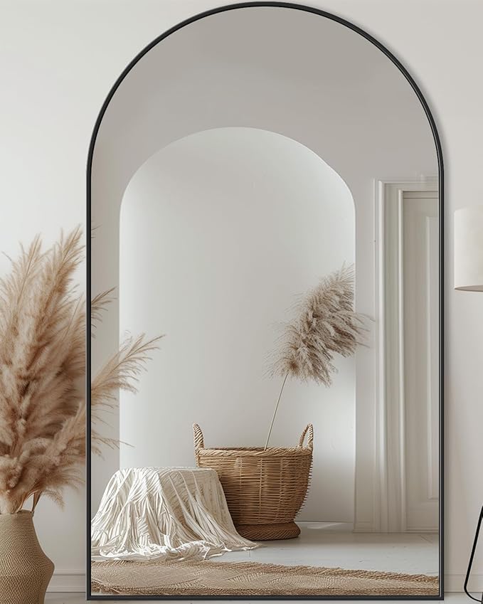 Antok Full Length Mirror, 76"x44" Floor Mirror with Stand, Hanging Mounted Mirrors for Bedroom, Living Room, Cloakroom, Dining Room, Black, Arched