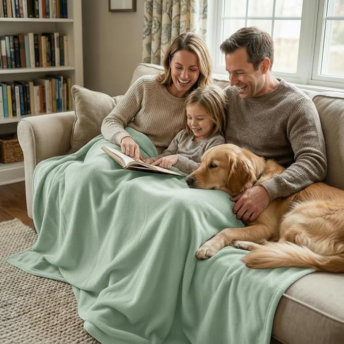 Fleece Blanket Twin - 60x80 Inch Lightweight & Buttery-Soft Throw for Bed, Sofa, Camping | 300GSM Cloud-Touch Microfiber | Cozy Essentials for Travel & Movie Nights, (Light Green)