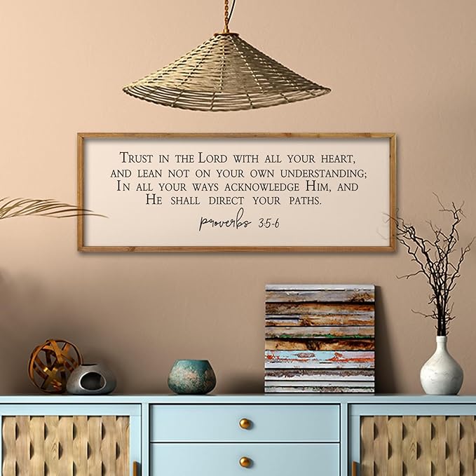 comurdyo Bible Verse Trust in the Lord With All Thine Heart Wall Decor 32"×12" Proverbs 3:5-6 Sign Scripture Christian Prayer Large for Family Modern Rustic Bedroom Wood Framed Plaque Hanging (Wood)