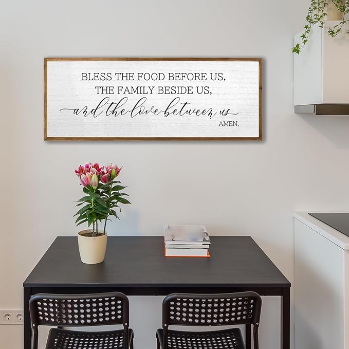 Christian Blessing Dining Room Wall Decor 40"×15" Bless The Food Before Us Sign Rustic Farmhouse Kitchen Religious Decor Large Catholic Horizontal Wooden Frame Wall Art Hanging (Wood)