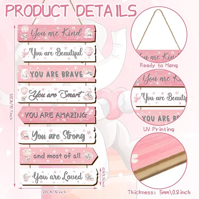 Inspirational Girl Room Decor Aesthetic Art Wall Hanging Sign Inspiring Colorful Rainbow Wooden Decoration for Kids Teens Toddler Boy Baby Bedroom Nursery Dorm Decor, 6-12 Years old (Elephant)