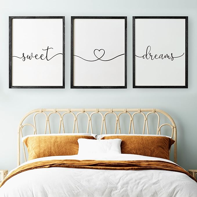 Set of 3 Framed Farmhouse Sweet Dreams Sign 11x14” Above Bed Wall Decor for Bedroom Decor Wall Art Wood Signs (11"x14", Black)