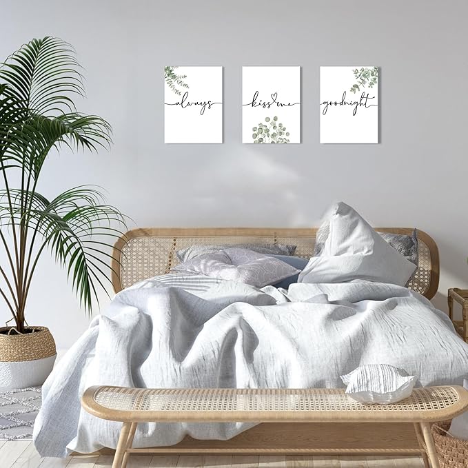 1 KINGO Always Kiss Me Goodnight Bedroom Wall Art: Set of 3 Boho Botanical Wall Decor Canvas Prints 12"x16", Sage Green Eucalyptus Pictures Decor Over The Bed for Farmhouse Master Bedroom