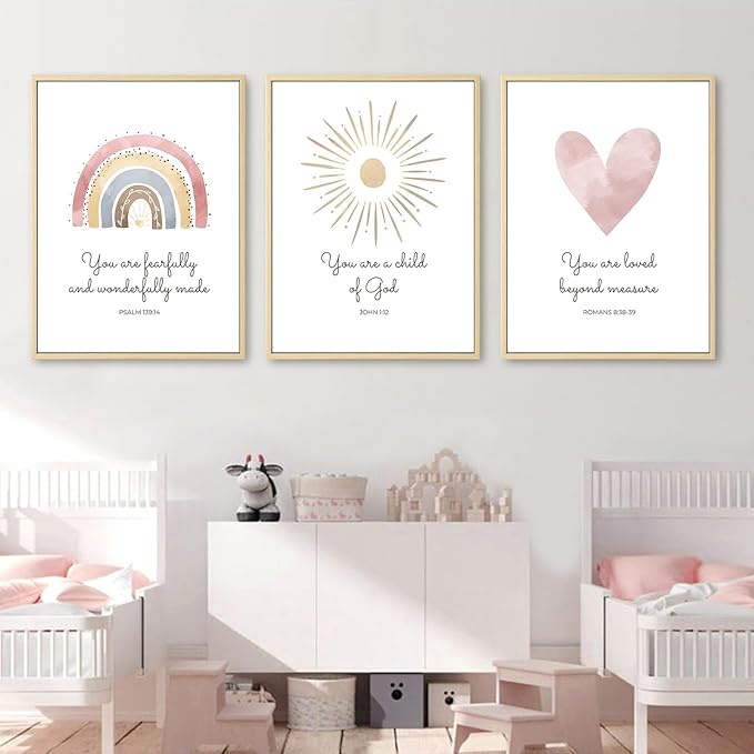 Boho Nursery Wall Art 3 Pieces Bible Verse Nursery Art Christian Girls Nursery Wall Art Heart Rainbow Sun Nursery Art Print Boho Sunshine Nursery Decor for Girl Baby Kid Room Decor 16x24 Inch FRAMED