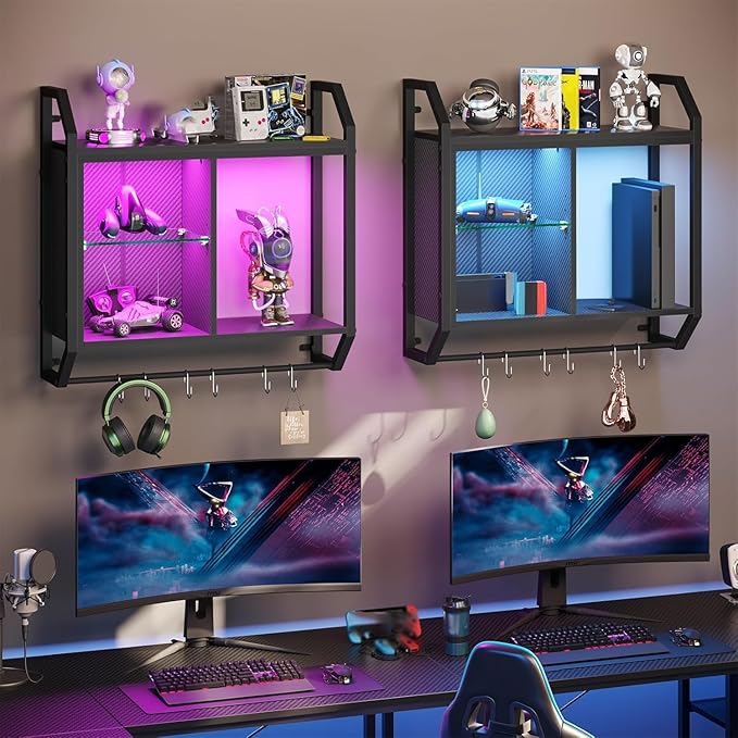 Bestier 25" LED Gaming Floating Shelves for Wall, Wall Mounted Shelf Pipe Adjustable Glass Shelves, Hanging Display Rack with 6 S-Hooks Towel Bar, Gaming Room Decor Shelf, Carbon Fiber Black