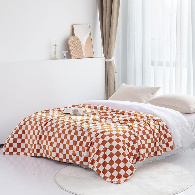 LOMAO Throw Blankets Flannel Blanket with Checkerboard Grid Pattern Soft Throw Blanket for Couch, Bed, Sofa Luxurious Warm and Cozy for All Seasons (Orange, 40"x60")