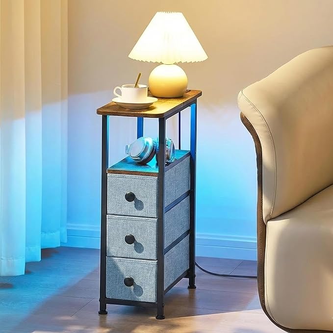 Narrow End Table with Charging Station, Narrow Side Table with Drawer, Small Nightstand with LED Light, Skinny Nightstand, Small Bedside Table for Living Room, Grey