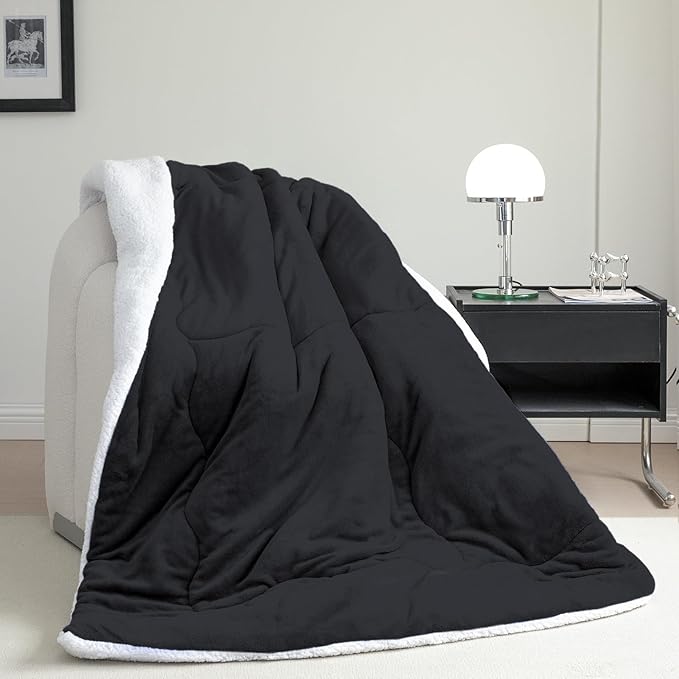 CHOSHOME Sherpa Fleece Blanket- Thick Warm Blanket for Winter, Soft Fuzzy Plush Blanket for Bed, Couch, Travel (Black, King 90" x 108")