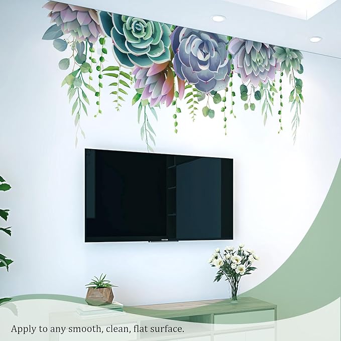 Succulent Plants Leaves Wall Decals Peel and Stick, Large Flowers Vinyl Wall Stickers, Removable Hanging Floral Home Decor Art for Bedroom Living Room Classroom Office