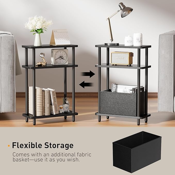 Narrow Side Table with Fabric Basket, 7" Wide, 3 Tier Skinny End Table with Wood Legs, Slim Nightstand/Bedside Table for Small Spaces, with Adjustable Feet, 15.7" L x 23" H