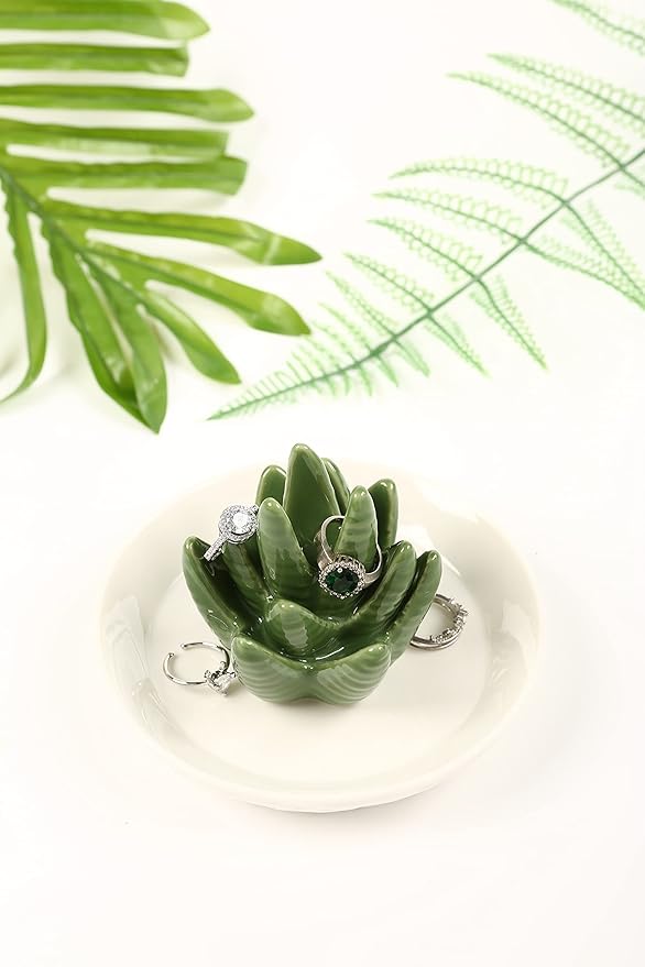 HOME SMILE Ceramic Aloe Ring Holder,Cactus Dish Dish for Jewelry,Christmas Birthday Gifts for Women