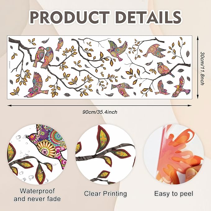 HLNIUC Chinoiserie Birds on Branches Window Clings 35”x12”Tree Branch and Bird Wall Decals in Colorful Flower Pattern Spring Summer Hummingbird Room Sticker DIY Floral Bird Wall Stickers for Bedroom