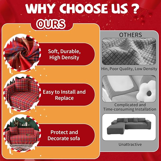 HANDONTIME Red Plaid Couch Cover Christmas Decorations, Sofa Cover for Couches Buffalo Check Sectional Couches Covers for Dogs Cats Red and Black Grid 3 Seater Cover Couch Cushion Covers, 71"x 134"