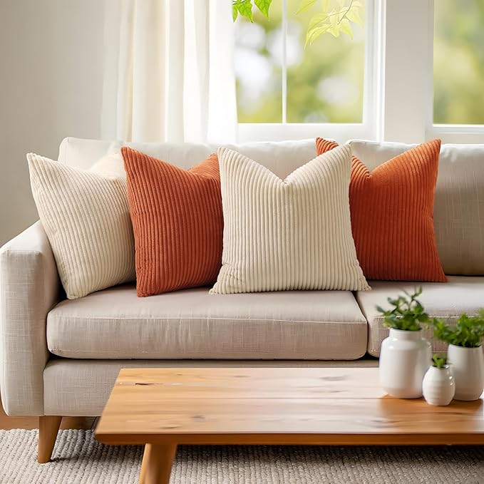 Mecatny Corduroy Decorative Fall Throw Pillow Covers 26x26 Set of 2 for Sofa Living Room, Soft Burnt Orange Neutral Boho Couch Pillow Covers for Home Decor, Rust