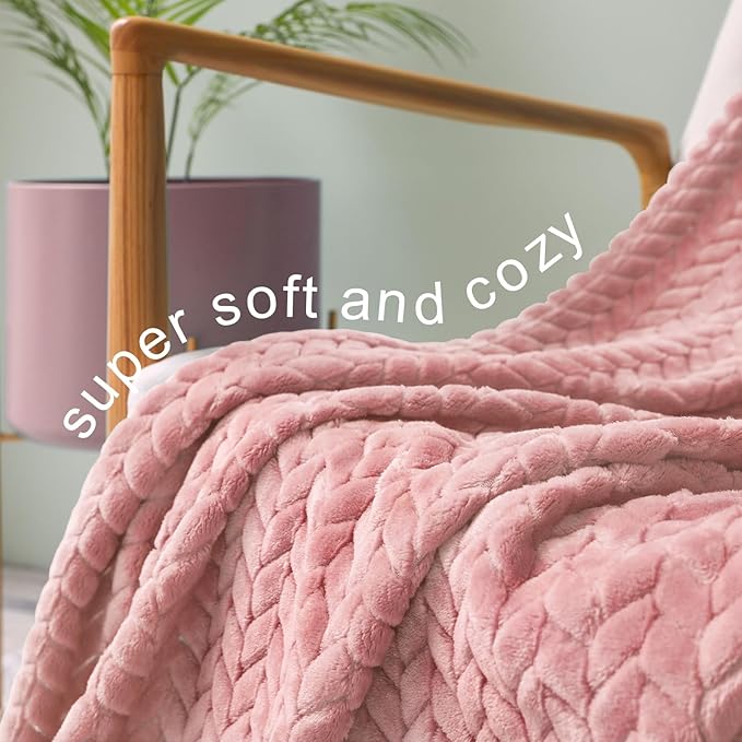 Exclusivo Mezcla Fleece Twin Size Blanket for Bed, 60x80 Inches Soft Cozy Jacquard Flannel Blankets, Lightweight Fuzzy Plush Warm for Women, Pink
