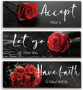 ZINYAZHE 3 Pcs Red Decor Flower Inspirational Wooden Wall Art Red Roses Office Wall Decor with Accept Let Go Have Faith Positive Quotes for Girl Women Bathroom Living Room Bedroom(16 x 5 Inch)