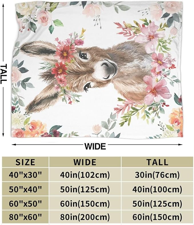 Donkey Gifts: Soft, Warm, Cute Throw Blanket - Lightweight Fleece, Plush, Fuzzy - 40"X50" - Bed Decor for Girls, Women, Kids & Adults