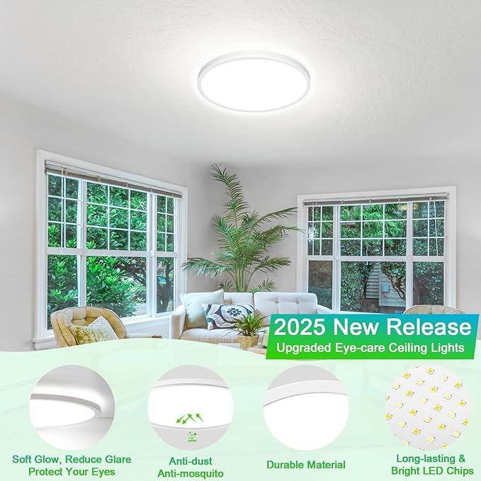 8-Pack Flush Mount LED Ceiling Light Fixtures White, 12Inch Dimmable Ceiling Lamp 2700K/3000K/4000K/5000K/6500K 5 Color Selectable, 24 Watt 3200LM Low Profile Ceiling Light for Kitchen Bedroom Hallway
