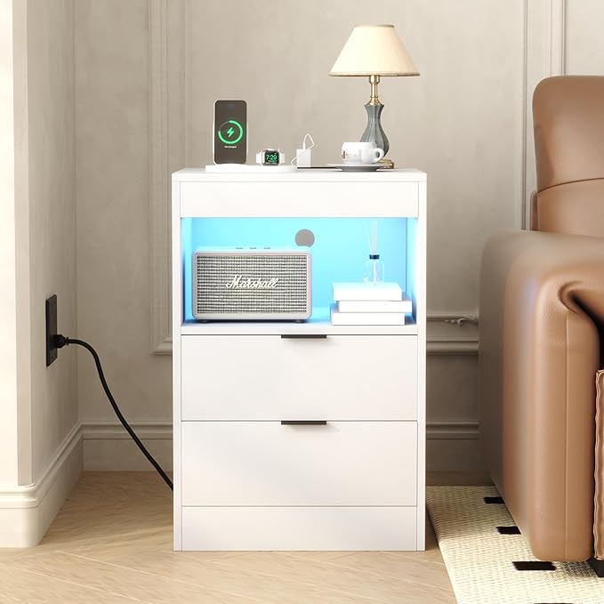 Yusong Night Stand, Bedside Table, LED Nightstand with Charging Station, Modern Night Stand, Wood Sofa Couch End Side Table with 2 Pull-Out Shelf, White
