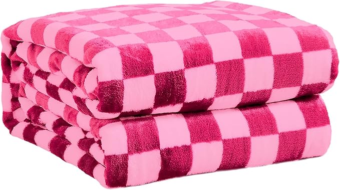 FY FIBER HOUSE Checkered Flannel Fleece Throw Blanket Soft Cozy Checkerboard Grid Print Chessboard Gingham Pattern Blankets for Bed Couch Sofa, 40"x50", Hot Pink