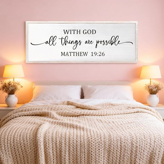With God All Things are Possible Framed Wall Art, 40''×15'' Vintage Holy Religious Rustic Bible Verse for Christian God Jesus Christ Prayer, Positive Horizontal Inspirational Catholic Scripture Decor