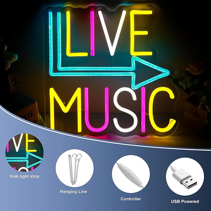Live Music Neon Signs for Wall Decor，Led Neon Lightfor Live Room, Game Room, Broadcasting Room, Music Studio