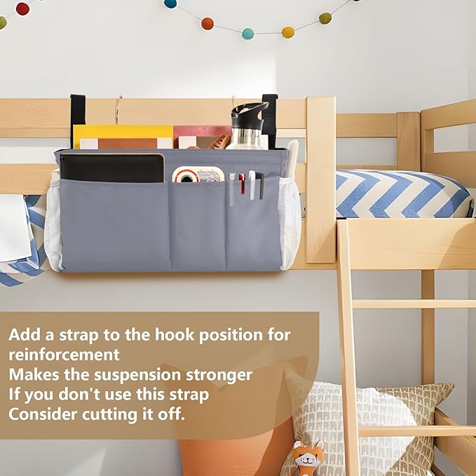 Grey Bedside Caddy Storage Bag Bedside Organizer for Dorm Room Top Bunk Bed Organizer Caddy Hanging Shelf 6 Pockets with Hooks for Book Glasses Phone Holder