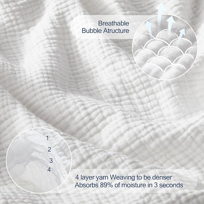 WDCOZY 100% Cotton Muslin Blanket Queen Size 4-Layer for Bed Breathable Lightweight Soft Large Boho Farmhouse Linen Tassels Ruffle Gauze Blankets All Season for Adults 90x90 Inches White