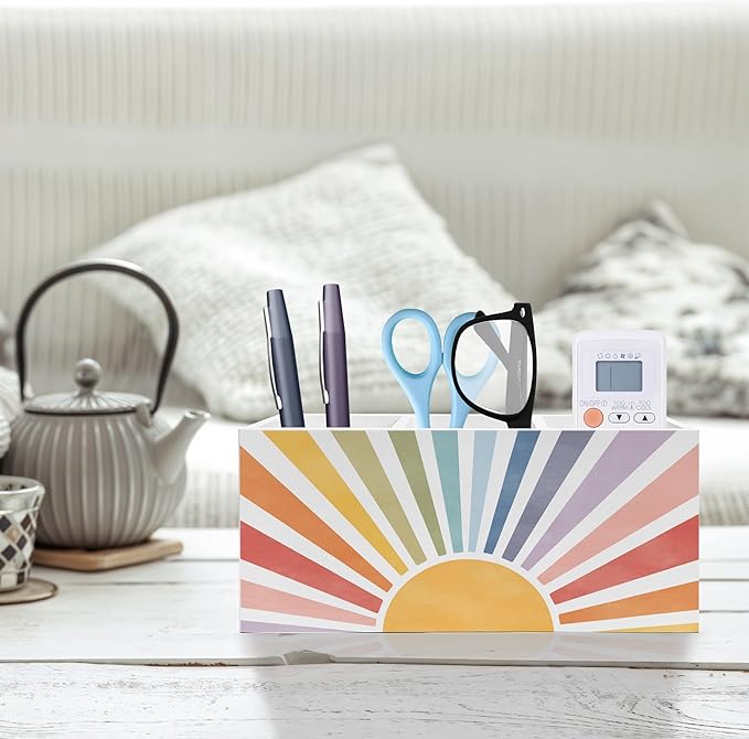Boho Colorful Sunshine Pen Pencil Holder, Boho Desk Office Decor, Retro Rainbow Sun Sunrise Sunset Pencil Pen Holder Organizer for Home Office Desk Accessories