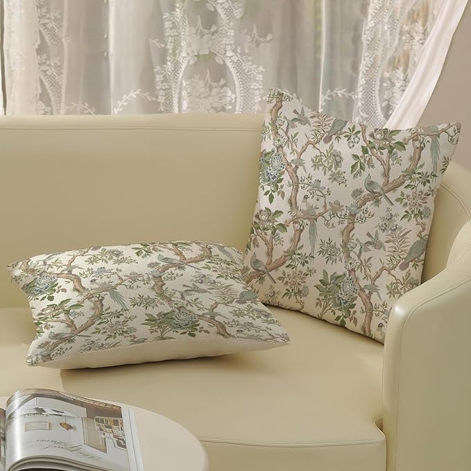 Green Floral Bird Pillow Covers 24x24 Set of 2 Chinoiserie Throw Pillows Green Vintage Flowers Bird Decorative Pillow Cases Outdoor Chinoiserie Decor Farmhouse Cushion Case for Couch Sofa