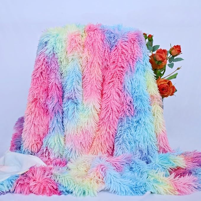 Plush Super Soft Blanket Bedding Sofa Cover Furry Fuzzy Fur Warm Throw Qulit Cozy Couch Blanket for Winter (63"x79",Dark Rainbow)