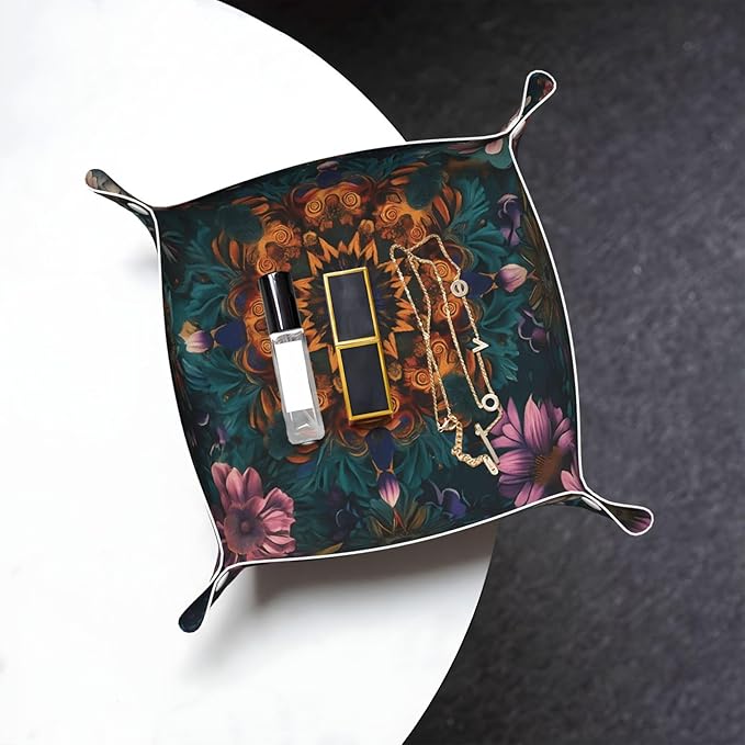 Mandala Flowers Tray Men's Leather Valet Parking Portable Entrance Trays Bedside Storage Box