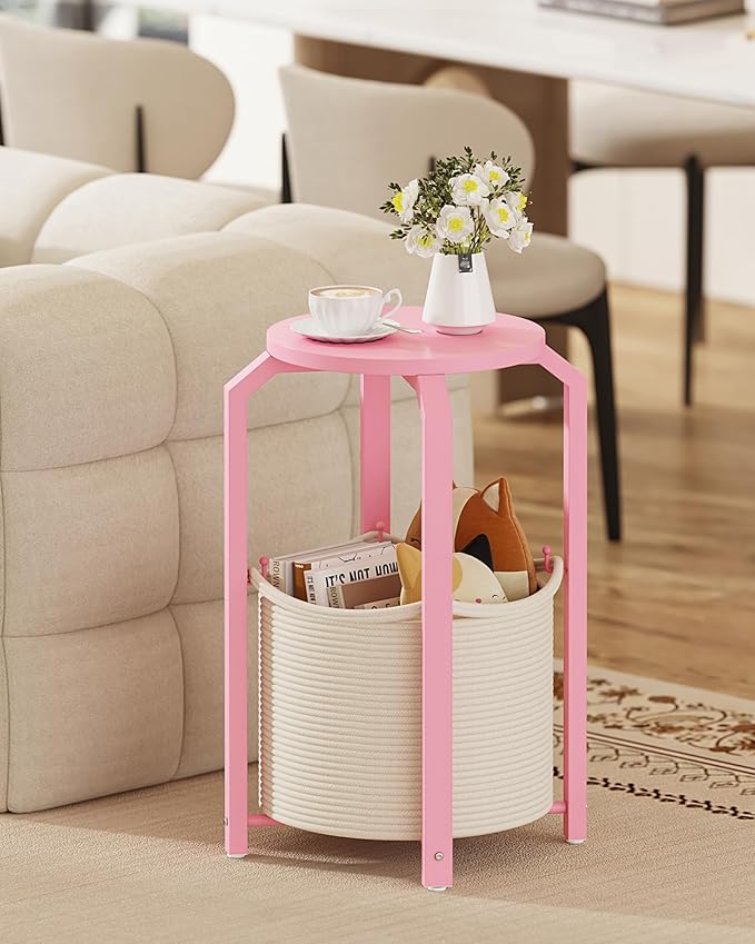 TUTOTAK Small Side Table, Round End Table, Night Stand, Bedside Table, Sofa Table with Storage Basket, Living Room, Bed Room, Pink TB01BP092