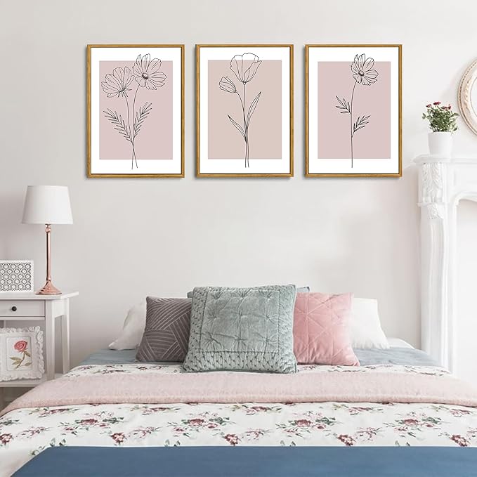 Wodkwq 3 Piece Pink Canvas Wall Art Set Framed,Pink Flower Wall Decor,Floral Prints,Botanical Line Painting,Minimalist Poster Pink Aesthetic for Girls' Room,Living Room,Bedroom,Office 16x24in