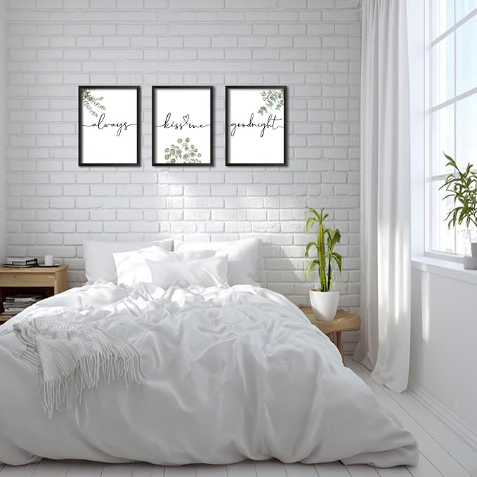 Always Kiss Me Goodnight Wall Art Framed Set of 3, Botanical Prints for Bedroom, Sage Green Eucalyptus Decor Above Bed, Love Theme Modern Couples Master Bedroom Wall Decorations 12x16 Inch