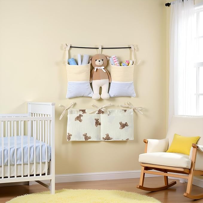 Bedside Hanging Bags Milk Bottle Bib-Storage Crib Organizer Baby Nappy-Dormitory Bed-Bunk Organizing Bag Nappy- Organizer, Little Bear Nursery Hanging Organizers