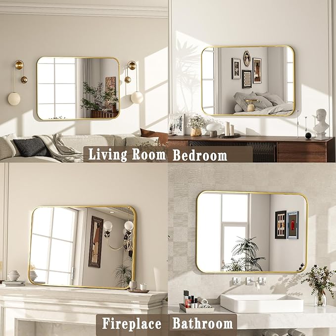26×38 Inch Bathroom Mirror - Wall Mounted Vanity Mirror with Round Corner Aluminum Alloy Frame, Hanging Horizontally Vertically for Living Room, Bedroom, Hallway as Home Decor, Gold