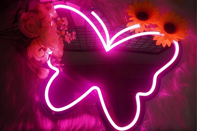 Anime Butterfly Mirror with Light Neon Signs for Locker Room Living Room Girl's Bedroom, Cute Acrylic Mirror with Dimmable for Girl Gifts, Wall Mirror