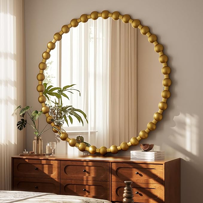 Round Mirror for Wall, 36 Inch Gold Beaded Frame Decorative Vanity Mirror, Circle Bathroom Mirror with High-Definition Lense, Modern Wall Decor for Bathroom, Living Room, Bedroom, Entryway