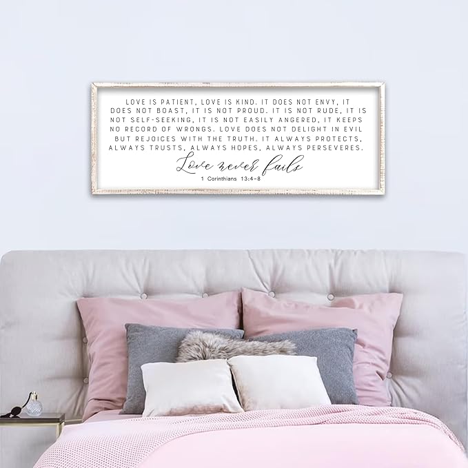 Love is Patient Kind Sign Wall Art 40"X15" 1 Corinthians 13 Bible Verse for Bedroom Above Over Bed Christianity Large Wood Framed Wall Hanging Decor (White）