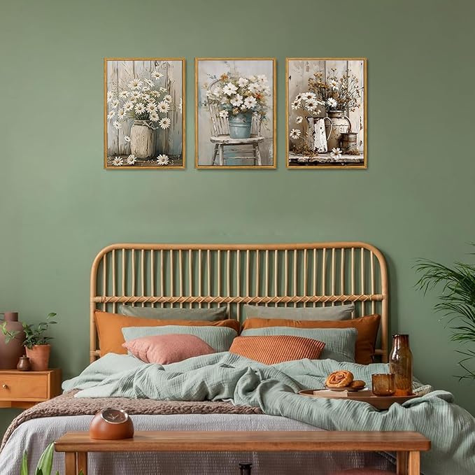 Wodkwq 3 piece Rustic Farmhouse Wall Decor Framed,Vintage Floral Canvas Wall Art,Daisy Country Picture Prints For Bedroom,Living Room,Bathroom 16x24in