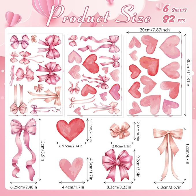 Pink Bow and Heart Wall Decals - 6 Sheets 82 Pcs Bow Knot Wall Stickers Watercolor Bow Heart Peel and Stick Wall Stickers for Girls Room Nursery Bedroom Valentine's Day Décor