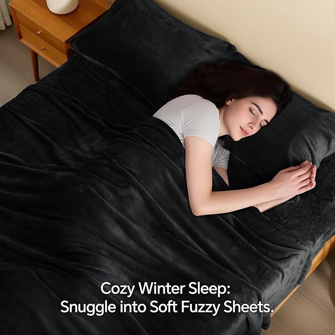 BEDELITE Flannel Sheets Twin Size Black - Super Soft Fleece Sheets Set Fluffy Extra Plush, 3 Piece(Include Fitted Sheet, Flat Sheet, 1 Pillowcase)